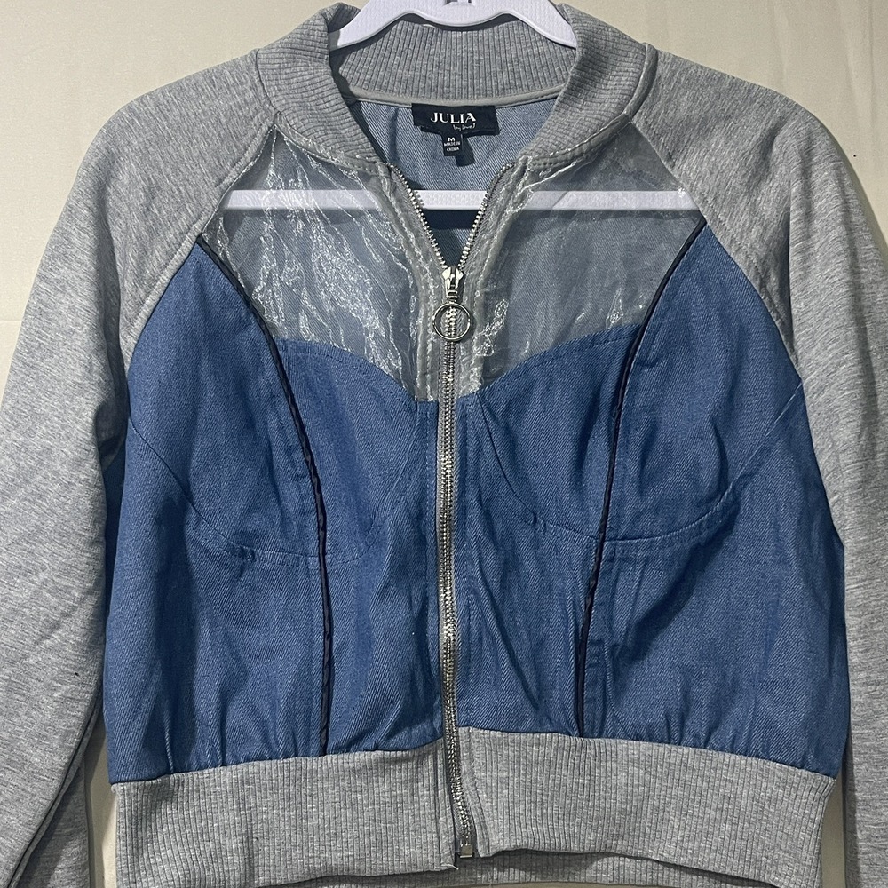 Julia by Love J Gray Blue Full Zip Bomber Jacket Womens Medium Y2K Clubwear